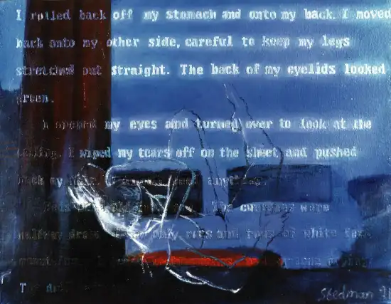 Embossed literary text composition with hidden figure forms