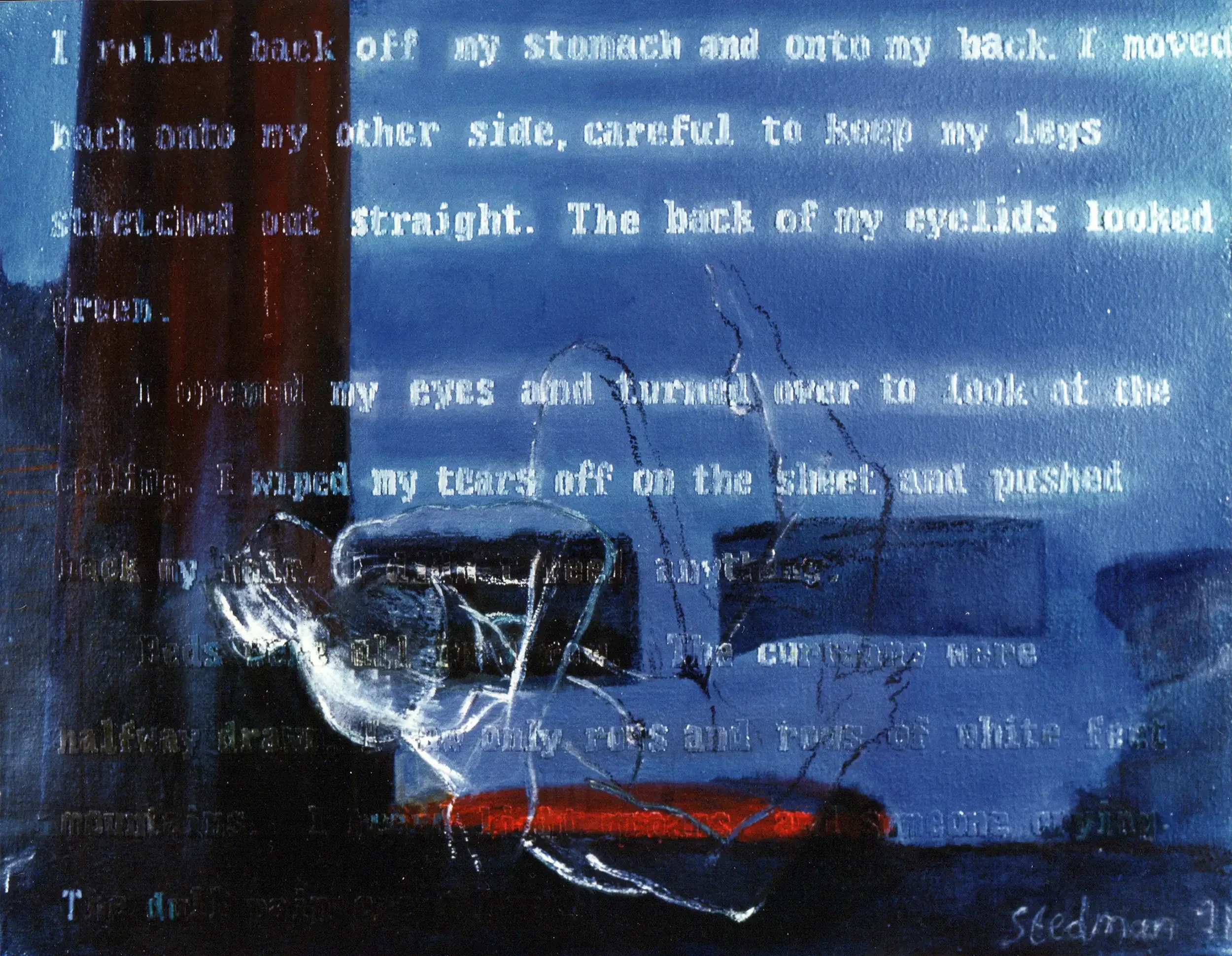 Embossed literary text composition with hidden figure forms