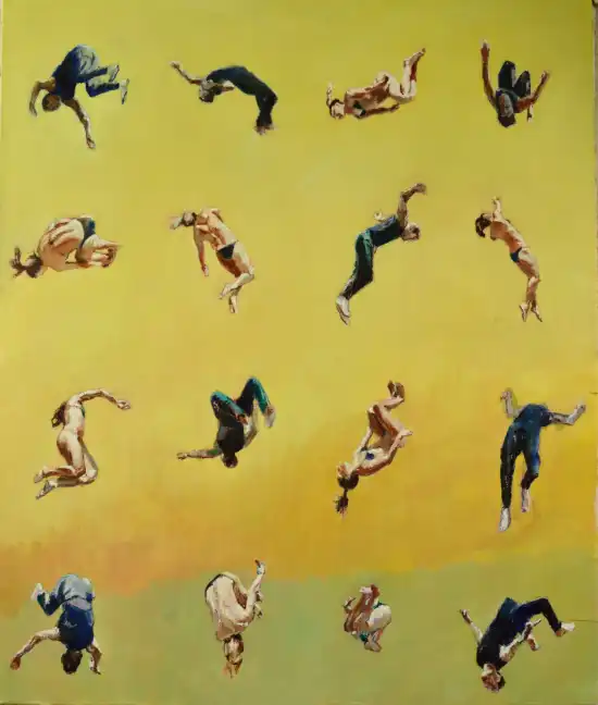 Male and female figures flipping in mid-air above a yellow beach background