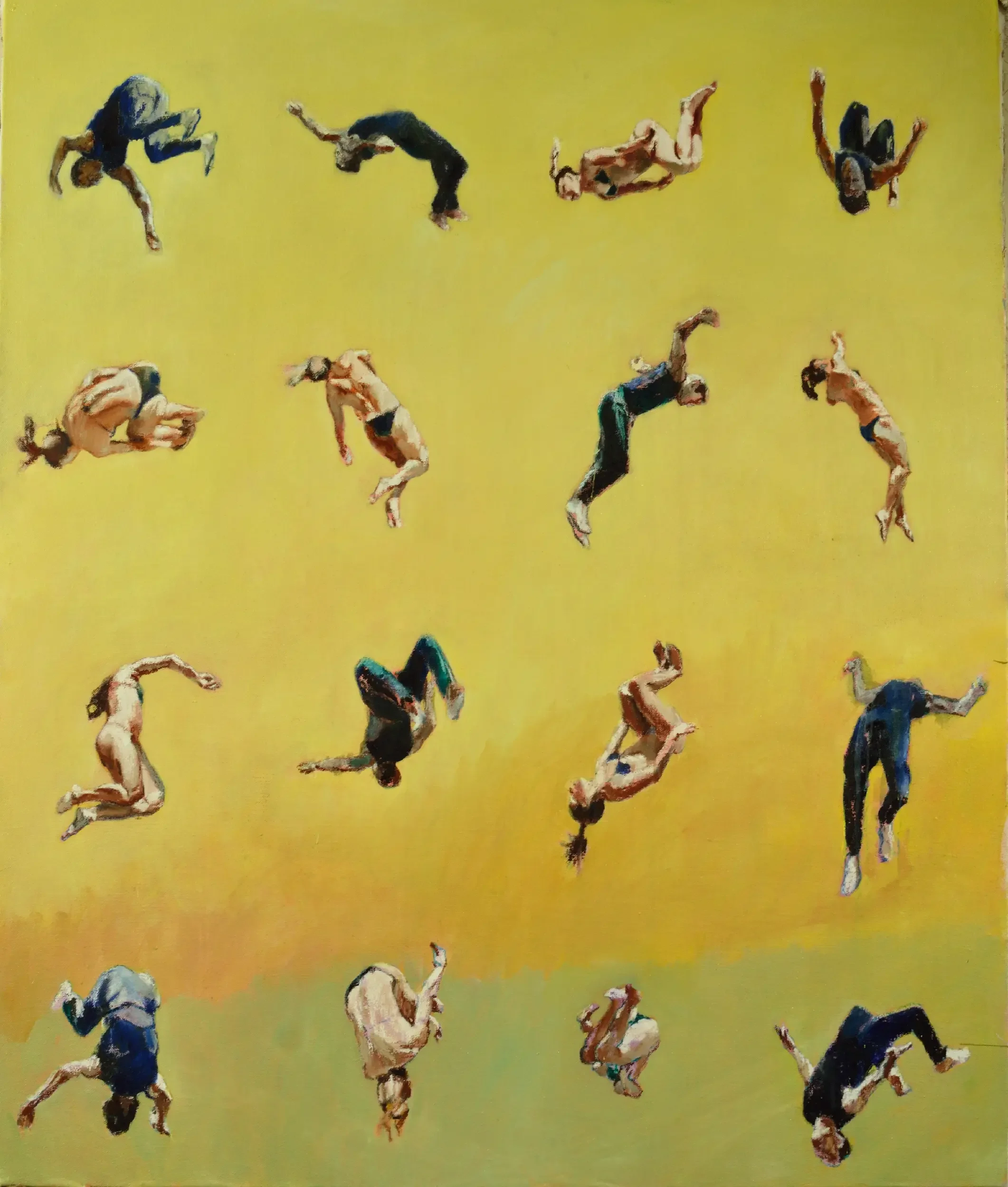 Male and female figures flipping in mid-air above a yellow beach background