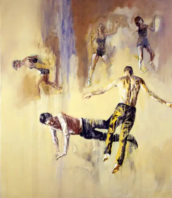 Four dancers arranged in a geometric stage composition