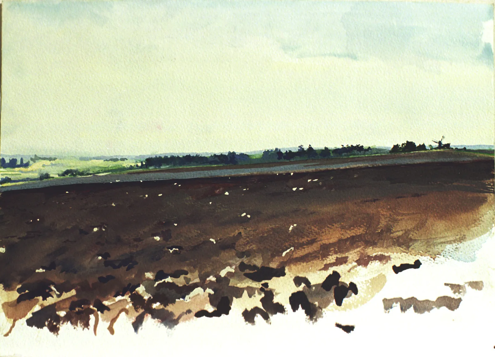Gouache painting of dark fields with Sarre windmill in Kent