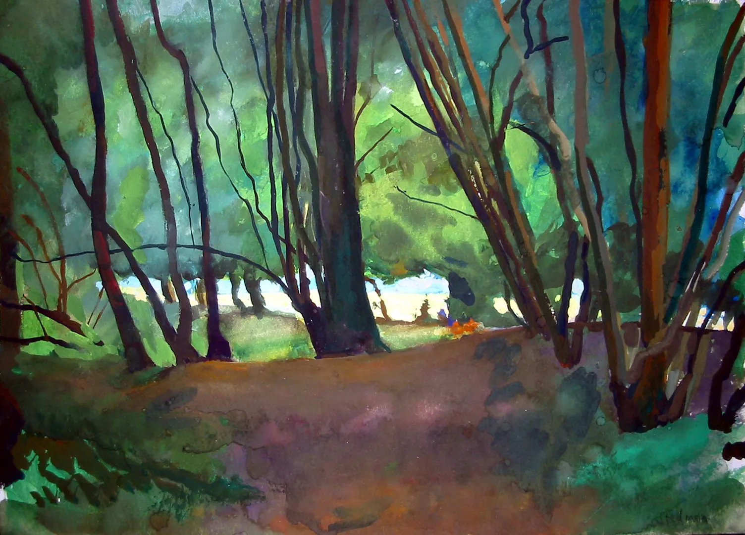 Gouache painting of woodland edge near Lower Hardres