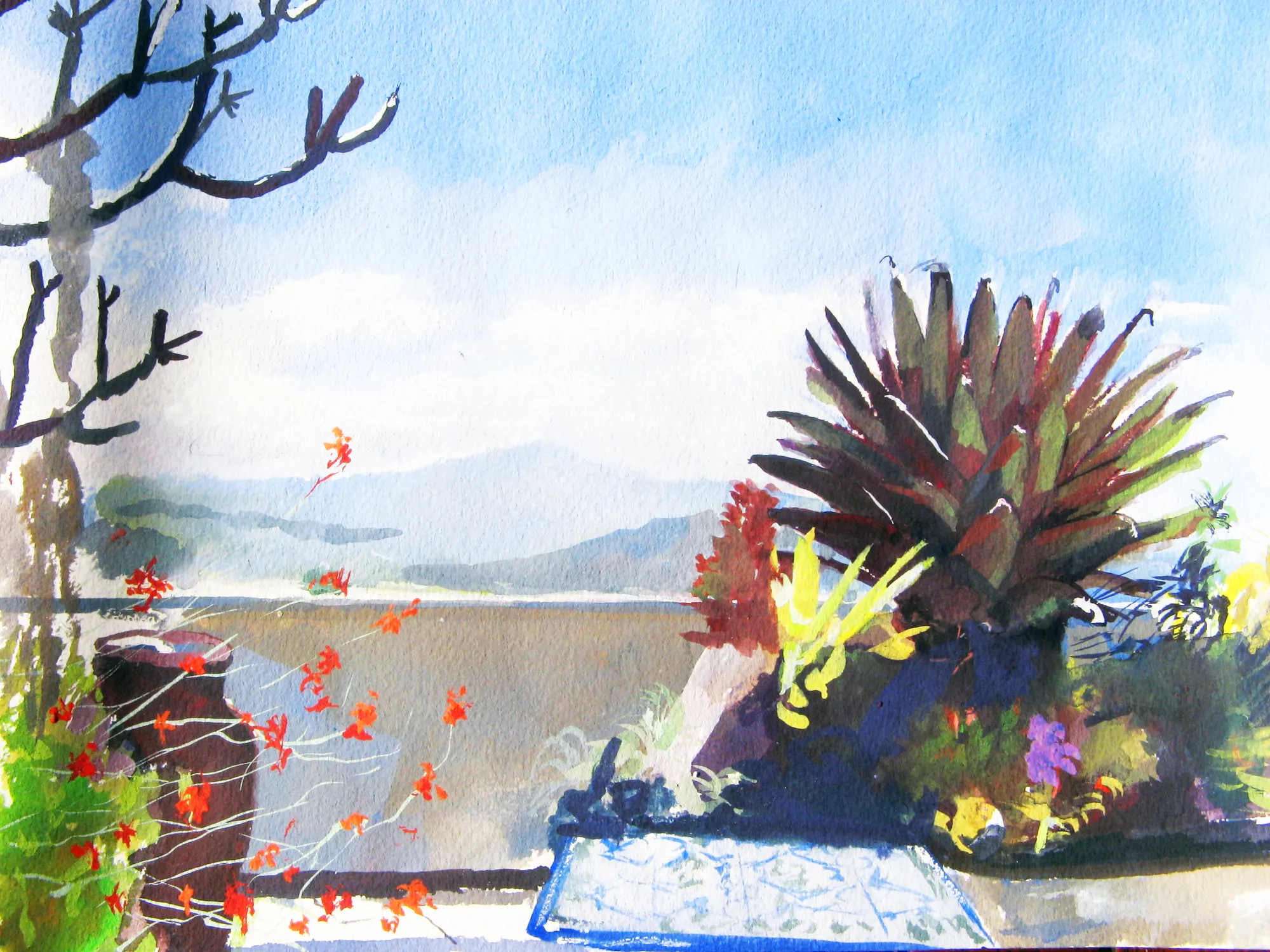 Gouache painting of a balcony view in Caracas