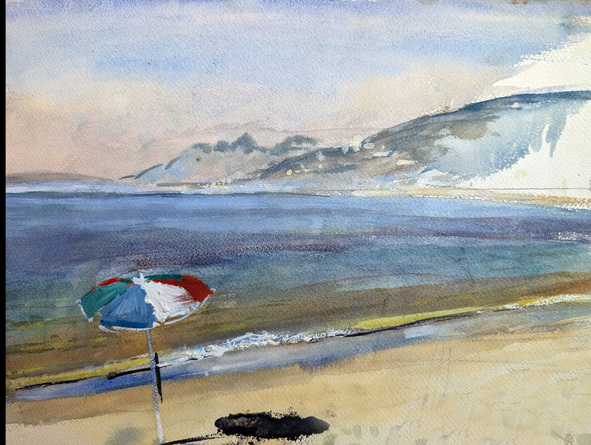 Gouache painting of a beach parasol at Juan-les-Pins