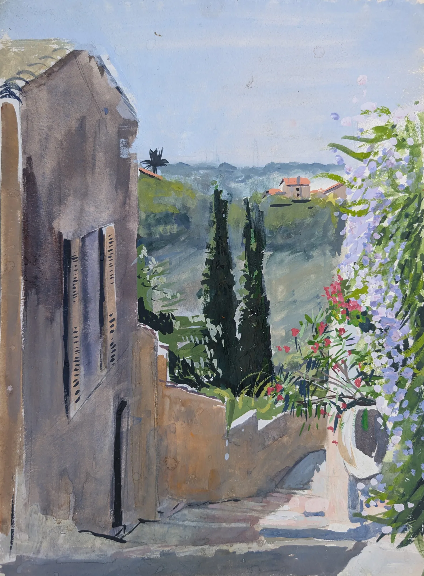 Gouache painting of Cagnes-sur-Mer on the French coast