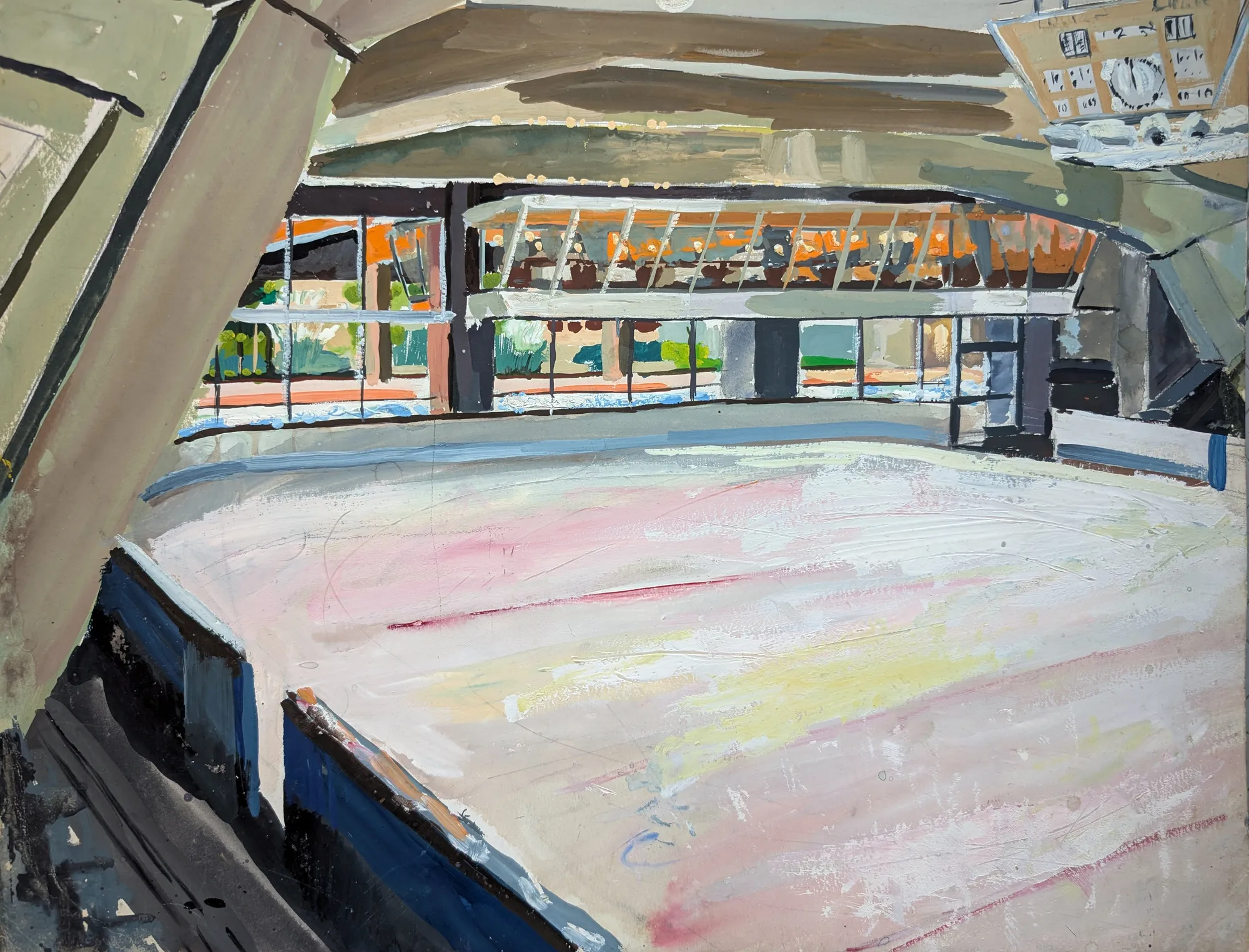 Gouache painting of skating rink scene in Courbevoie