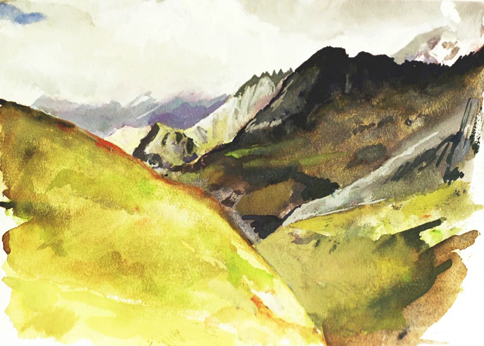 Broad gouache mountain view in the Vanoise Alps