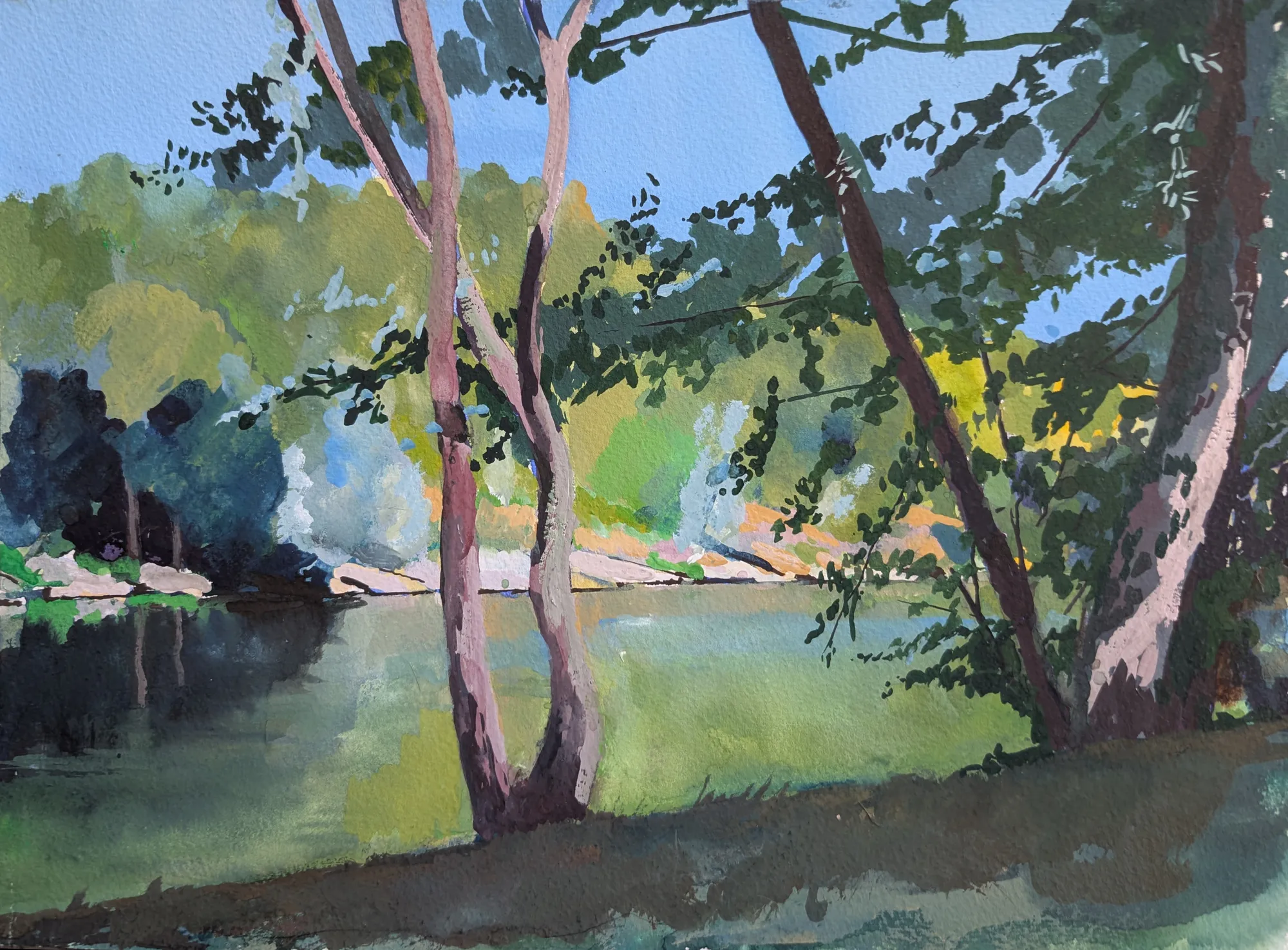 Gouache river landscape along the Lot in France