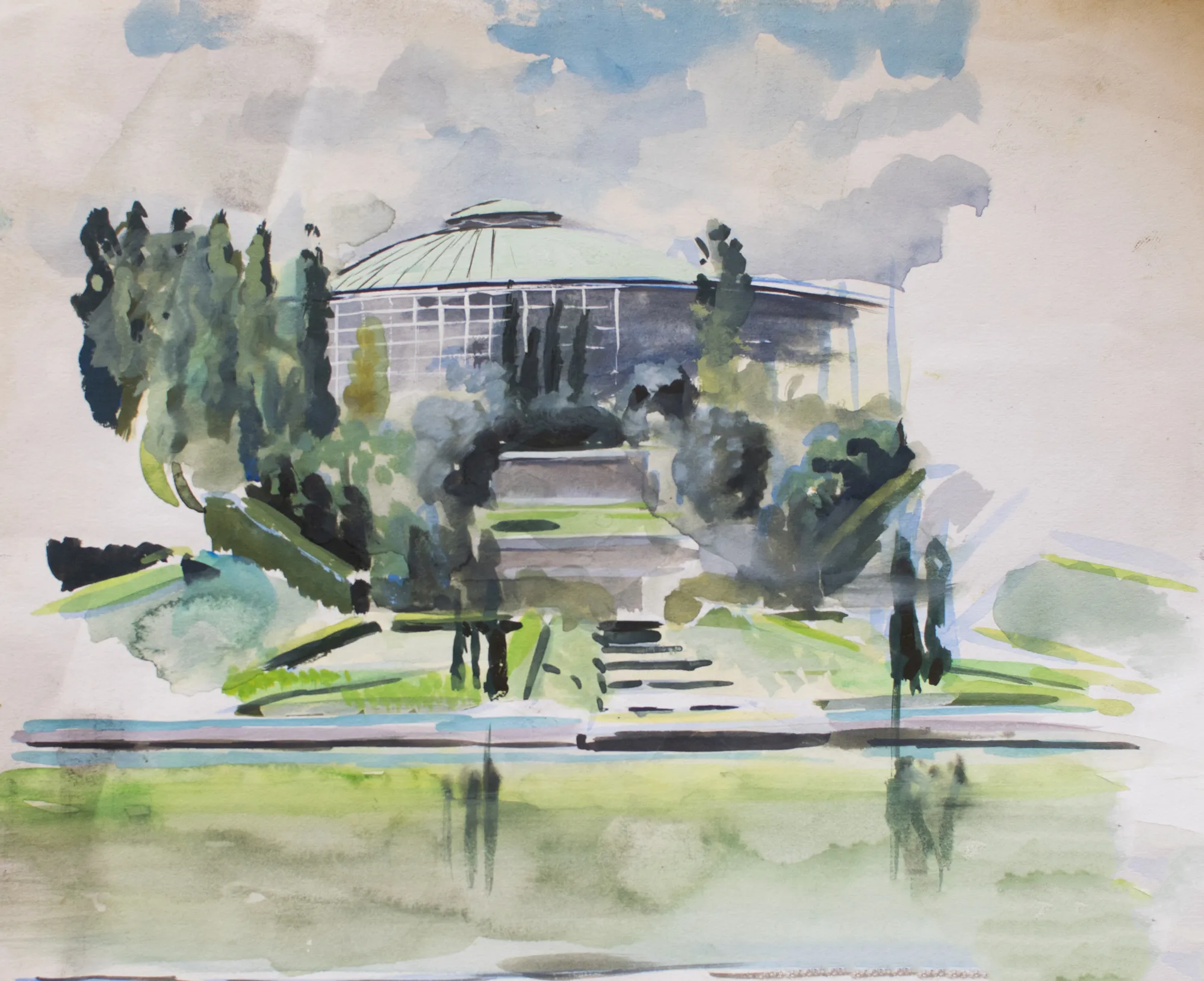 Gouache painting of Palazzo dello Sport in the EUR district of Rome