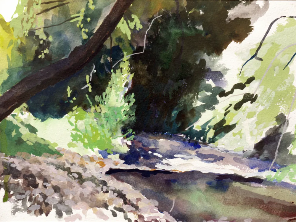 Gouache painting of the Fiume Manghisi river landscape