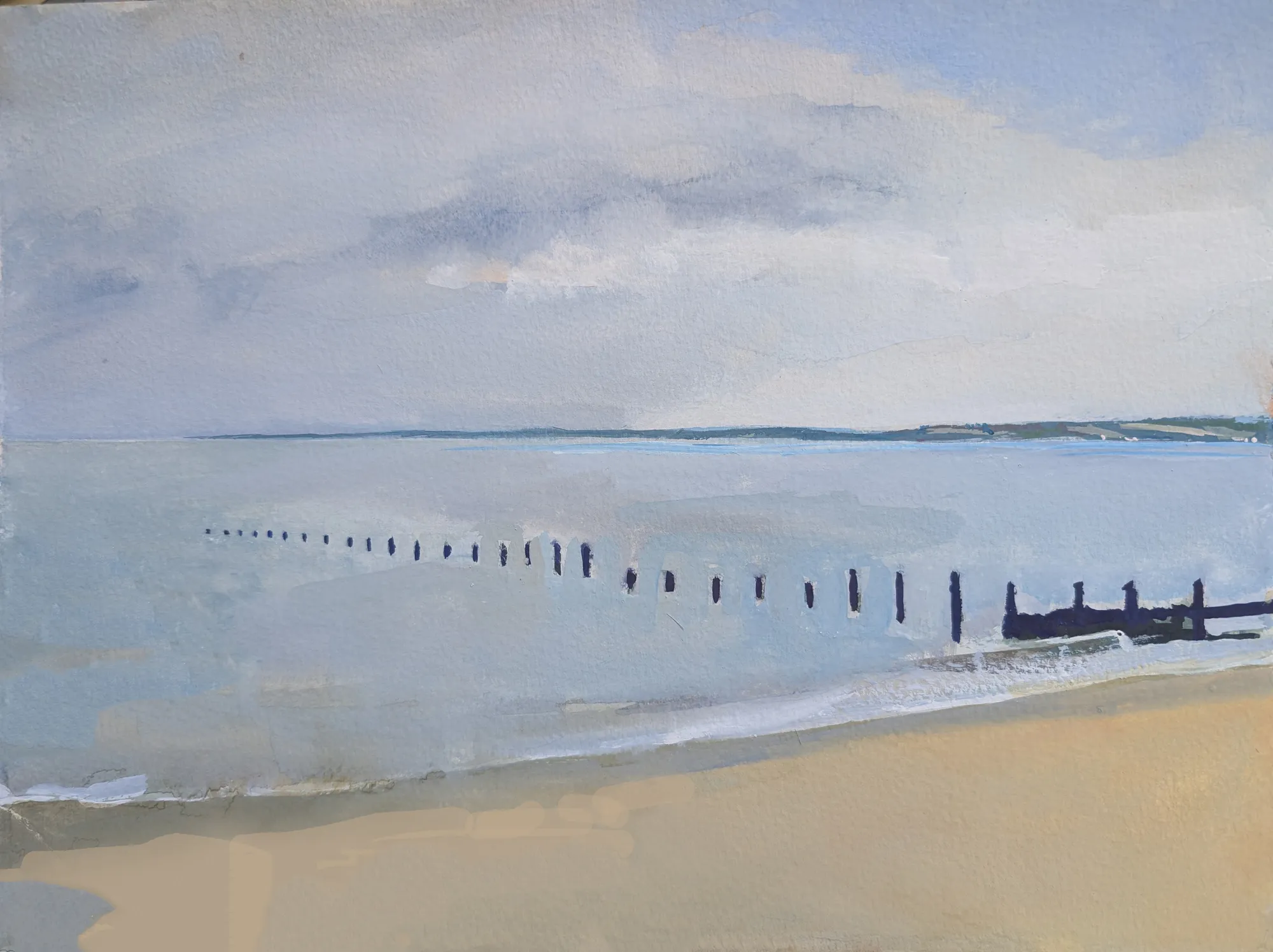 Gouache painting of the breakwater on the Isle of Sheppey