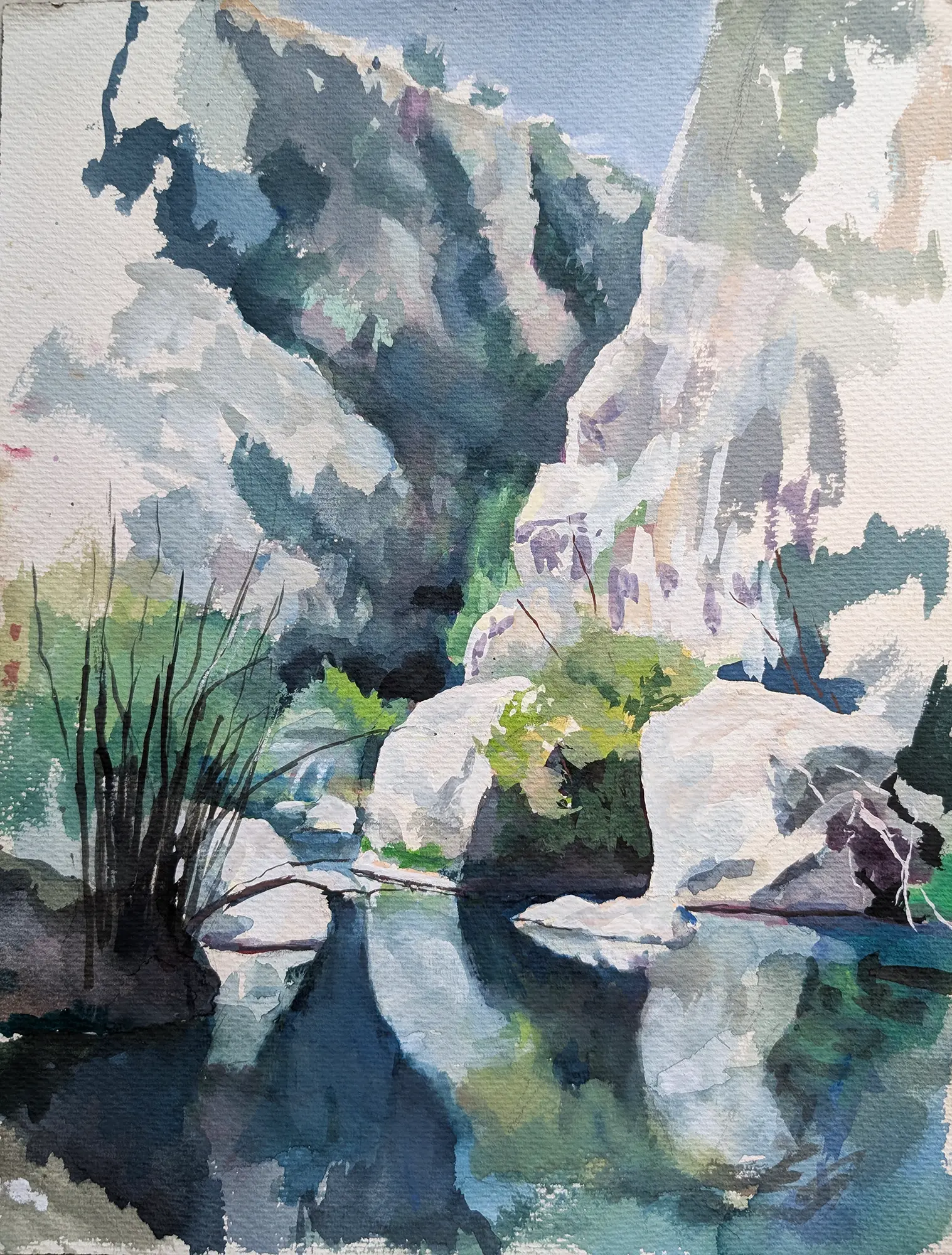 Gouache painting of canyon rocks and reflections in Pantalica