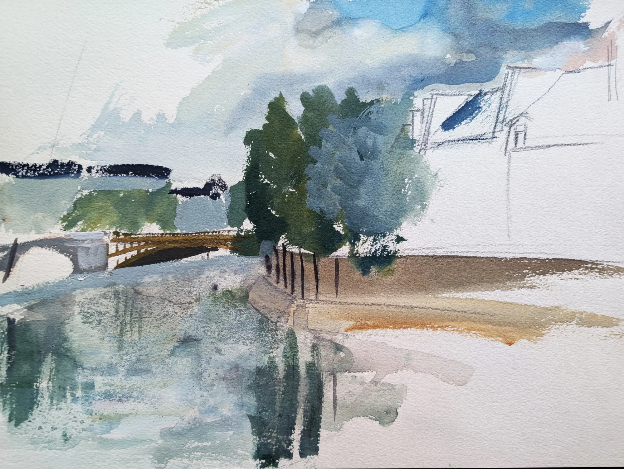 Gouache study of Île Saint-Louis in Paris