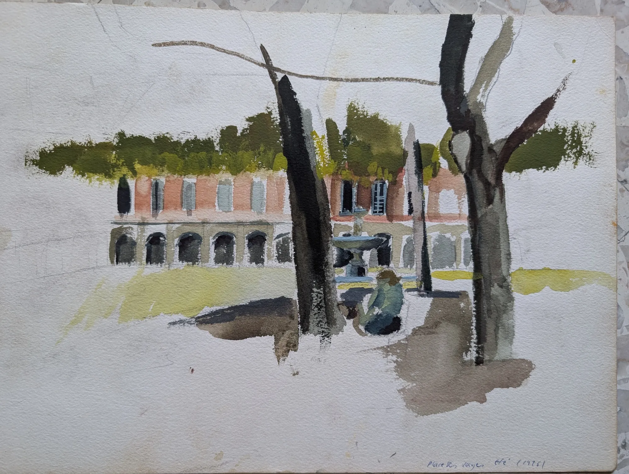 Gouache painting of Place des Vosges in Paris