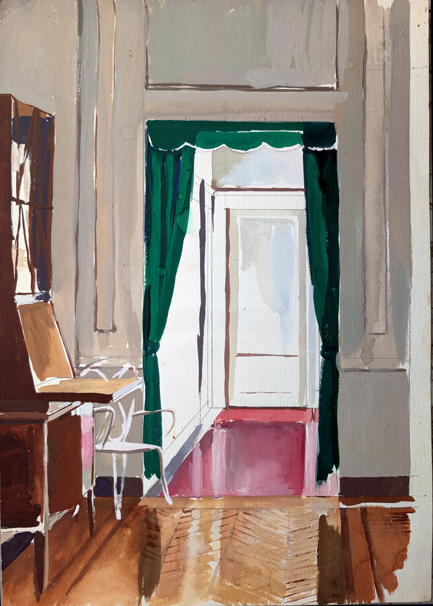 Gouache painting of the corridor in Hotel Viminale, Rome