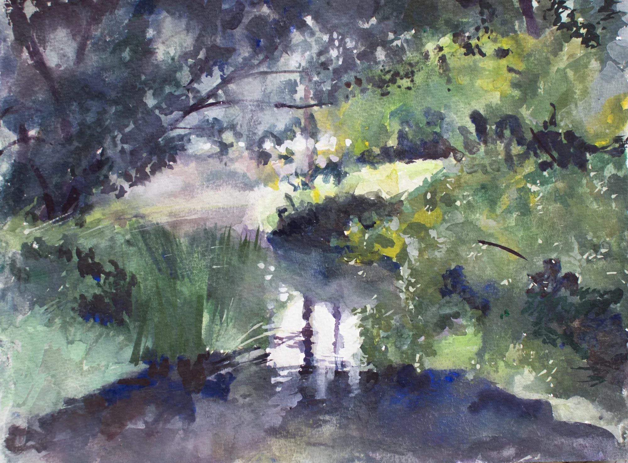 Gouache painting of ripples on the River Stour in Canterbury
