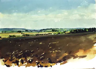 Gouache painting of Canterbury Cathedral seen from Sarre marshland