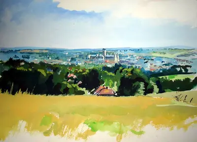 Gouache painting of Canterbury Cathedral from Whitstable Road