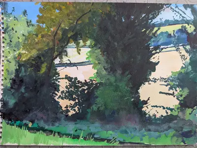Gouache painting of hedgerows in the Kent countryside