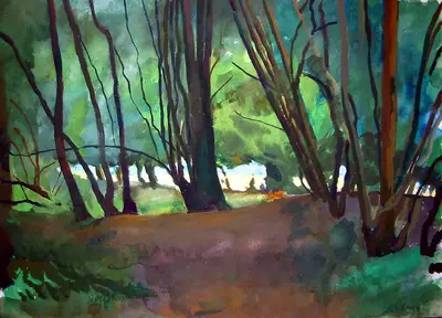Gouache painting of woodland edge near Lower Hardres