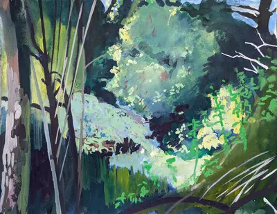 Gouache study of dense woodland undergrowth near Canterbury