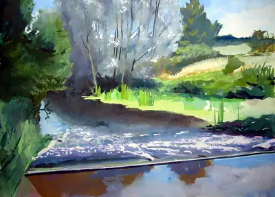 Gouache painting of the River Stour upstream from Chartham weir