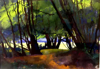 Gouache painting of a woodland clearing near Canterbury