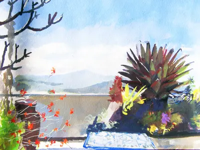 Gouache painting of a balcony view in Caracas