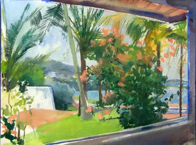 Gouache painting of a house surrounded by vegetation on Margarita Island