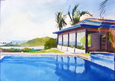 Gouache painting of a swimming pool on Margarita Island