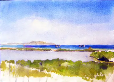 Gouache painting of Playa La Caracola near Porlamar