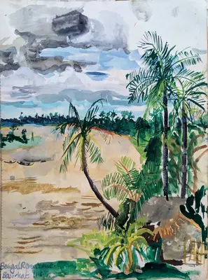 Gouache painting of a swollen river in Bengal