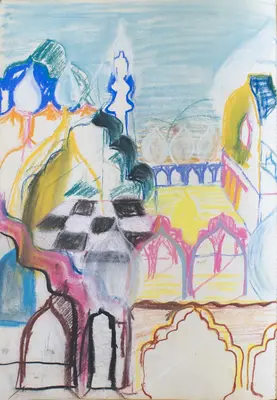 Gouache composition inspired by Delhi and Indian street atmosphere