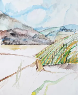 Gouache dream landscape with climbing hopvine forms