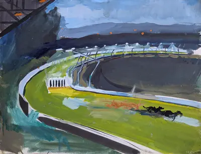 Gouache painting of greyhound racing in Brighton