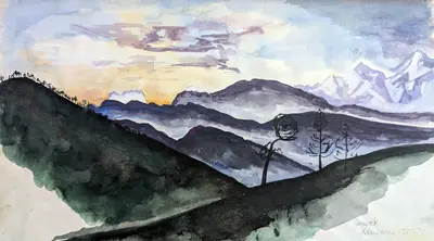 Gouache painting of sunset over Himalayan peaks