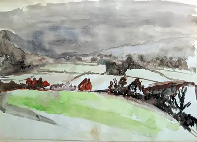 Gouache painting of oast houses in winter landscape, Sussex