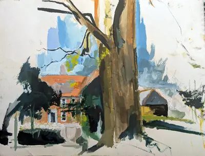Gouache painting of Parsonage Farm in Salehurst, Sussex
