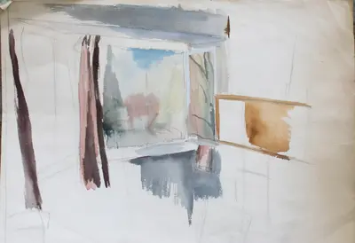 Gouache painting of a room at the Cité Universitaire