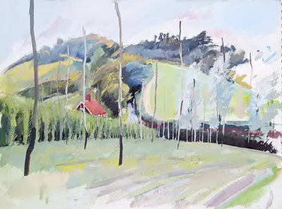 Gouache painting of hopfields near Salehurst