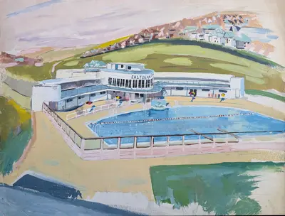 Gouache painting of Saltdean Lido swimming pool
