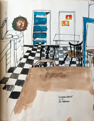 Gouache painting of kitchen tiles in Robertsbridge