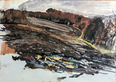 Gouache painting of woodland beside open field in Sussex