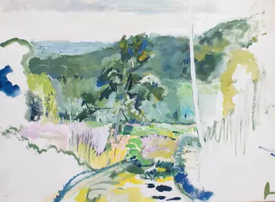 Gouache painting of woodland path in Sussex
