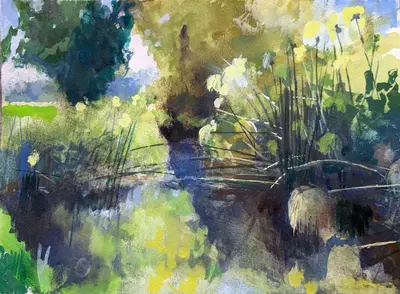 Gouache painting of papyrus plants along the River Ciane