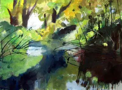 Gouache painting of the River Ciane with mythical atmosphere
