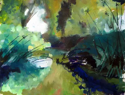 Gouache river scene inspired by myth along the Ciane