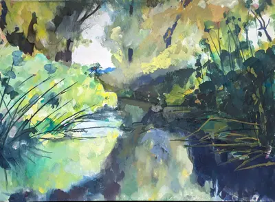 Gouache painting of papyrus plants along the River Ciane