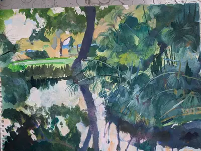 Gouache river scene with papyrus plants on the Ciane